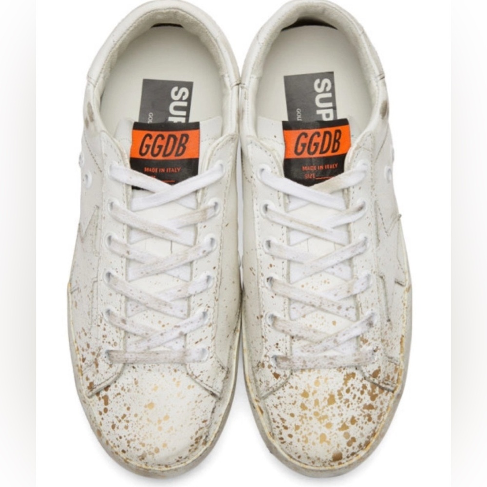 Golden Goose White and Gold Paint Splatter Superstar Sneakers